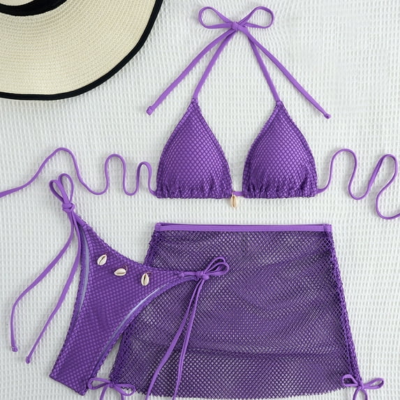 3 Piece Bikini Sets for Women Mesh Fishnet Triangle Halter Top with Tie Side Briefs and Mini Skirt Cover Up Set High Cut Charming Bathing Suits