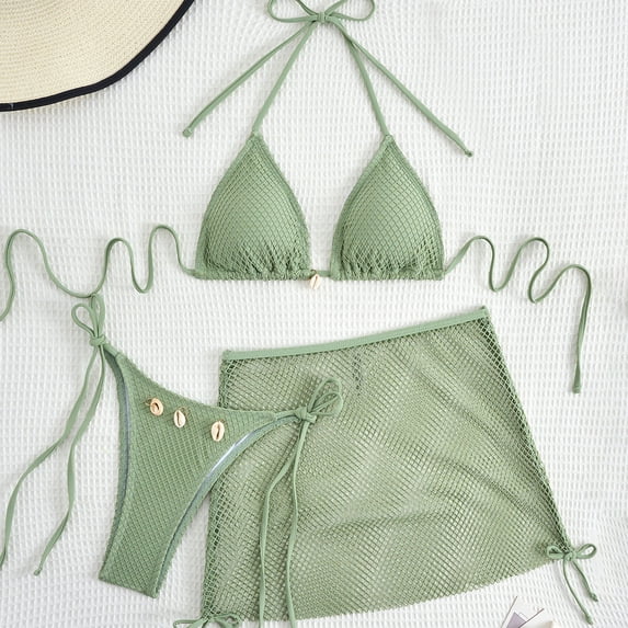 3 Piece Bikini Sets for Women Mesh Fishnet Triangle Halter Top with Tie Side Briefs and Mini Skirt Cover Up Set High Cut Charming Bathing Suits