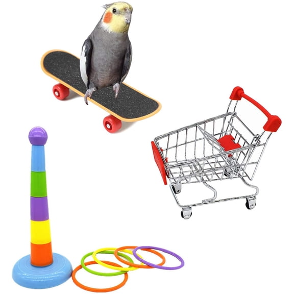3-Piece Bird Training Toys Set, Mini Shopping Cart Skateboard Rings for Parakeets Cockatiels Conures