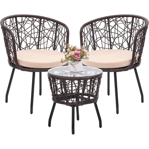3 Piece Bistro Set, Modern Outdoor Wicker Patio Furniture with Tempered Glass Table Top and 2 Chairs, Washable Cushions, Brown Rattan and Begie Cushion