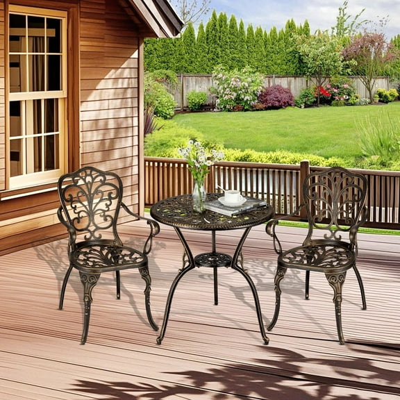 3-Piece Bistro Set Outdoor, Cast Aluminum Patio Furniture Set with Umbrella Hole - Rust-Proof Table & 2 Chairs for All-Weather Use on Patio, Balcony, Garden, Porch