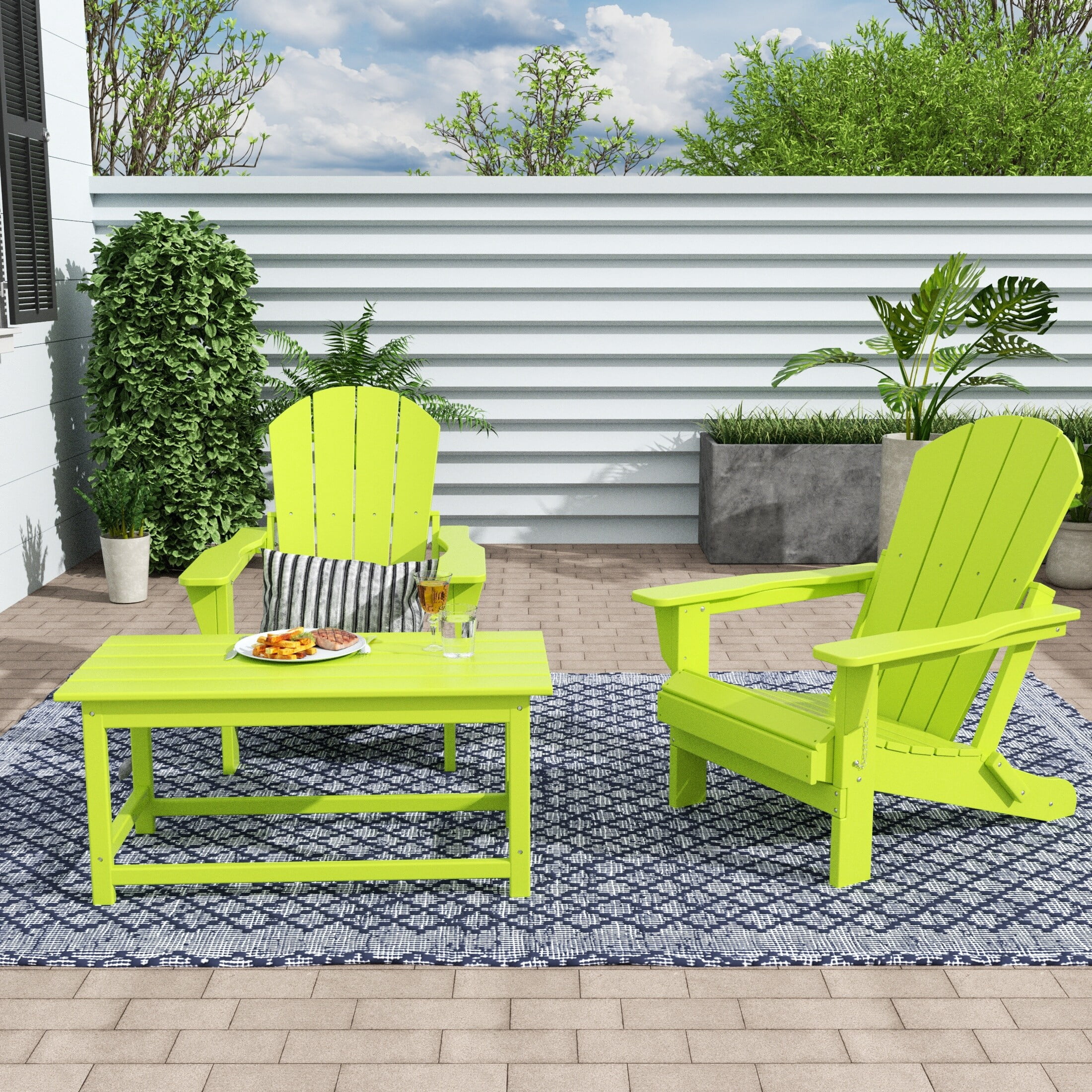 3-Piece Bistro Set Outdoor Patio Adirondack Chair with Coffee Table, Lime