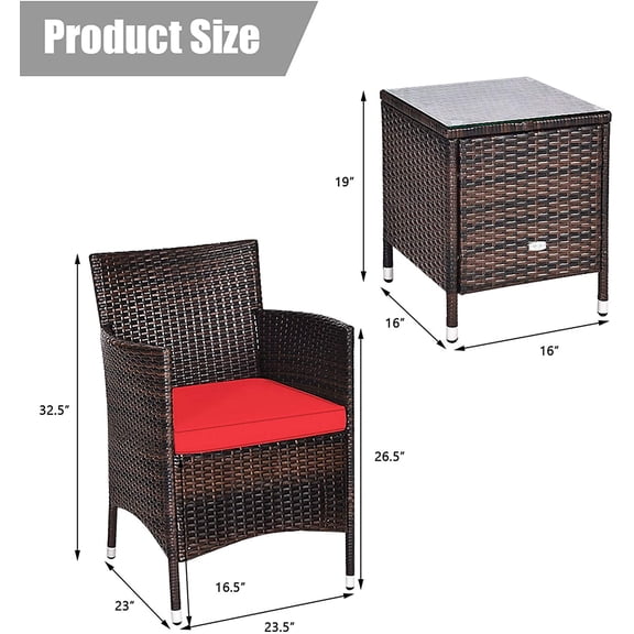 3 Piece Bistro Set with Cushions, All-Weather Rattan Conversation Furniture for Outdoor Balcony Porch Backyard Deck