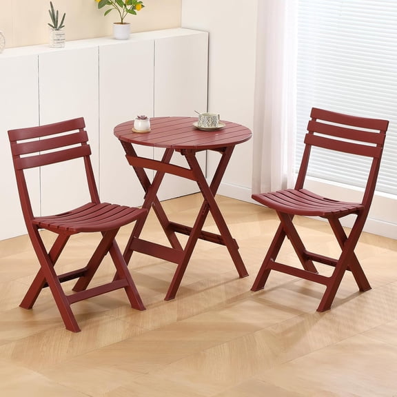 3 Piece Bistro Set with Foldable Plastic Chairs and Round Table for Outdoor Balcony Garden Red