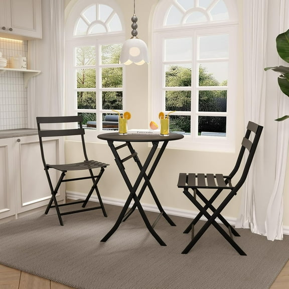 3 Piece Bistro Table and Chairs, Wrought Iron Bistro Set, Anti-Rust, Waterproof Folding Cafe Table and Chairs Set of 2, Foldable Small Bistro Set for Small Space/Indoor/Outdoor/Porch/Lawn/Balcony