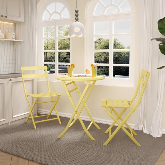 3 Piece Bistro Table and Chairs, Wrought Iron Bistro Set, Anti-Rust, Waterproof Folding Cafe Table and Chairs Set of 2, Foldable Small Bistro Set for Small Space/Indoor/Outdoor/Porch/Lawn/Balcony