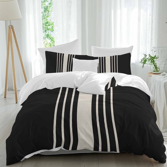 3 Piece Black Beige Striped Duvet Cover Set California King,Microfiber Comforter/Quilt Cover with Corner Ties and 2 Pillowcases,Modern Farmhouse Retro Lines All Season Bedding with Zipper Closure
