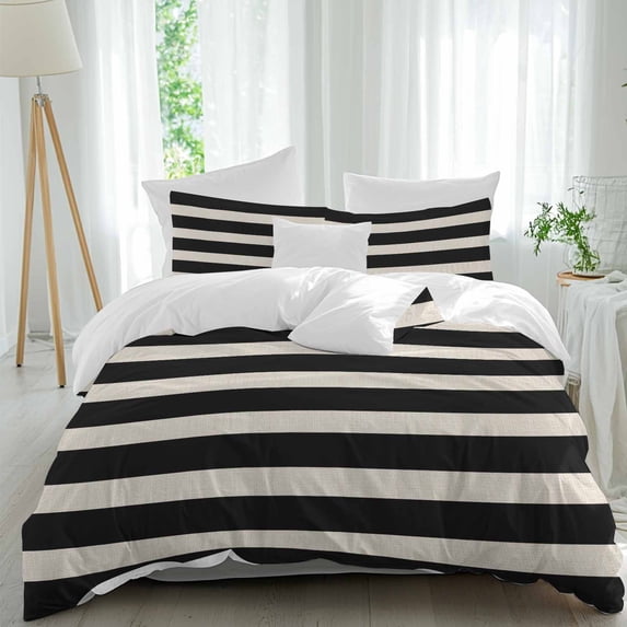 3 Piece Black Beige Striped Duvet Cover Set Full Size, Microfiber Comforter/Quilt Cover with Corner Ties and 2 Pillowcases, Vintage Geometric Line Simple All Season Soft Bedding with Zipper Closure