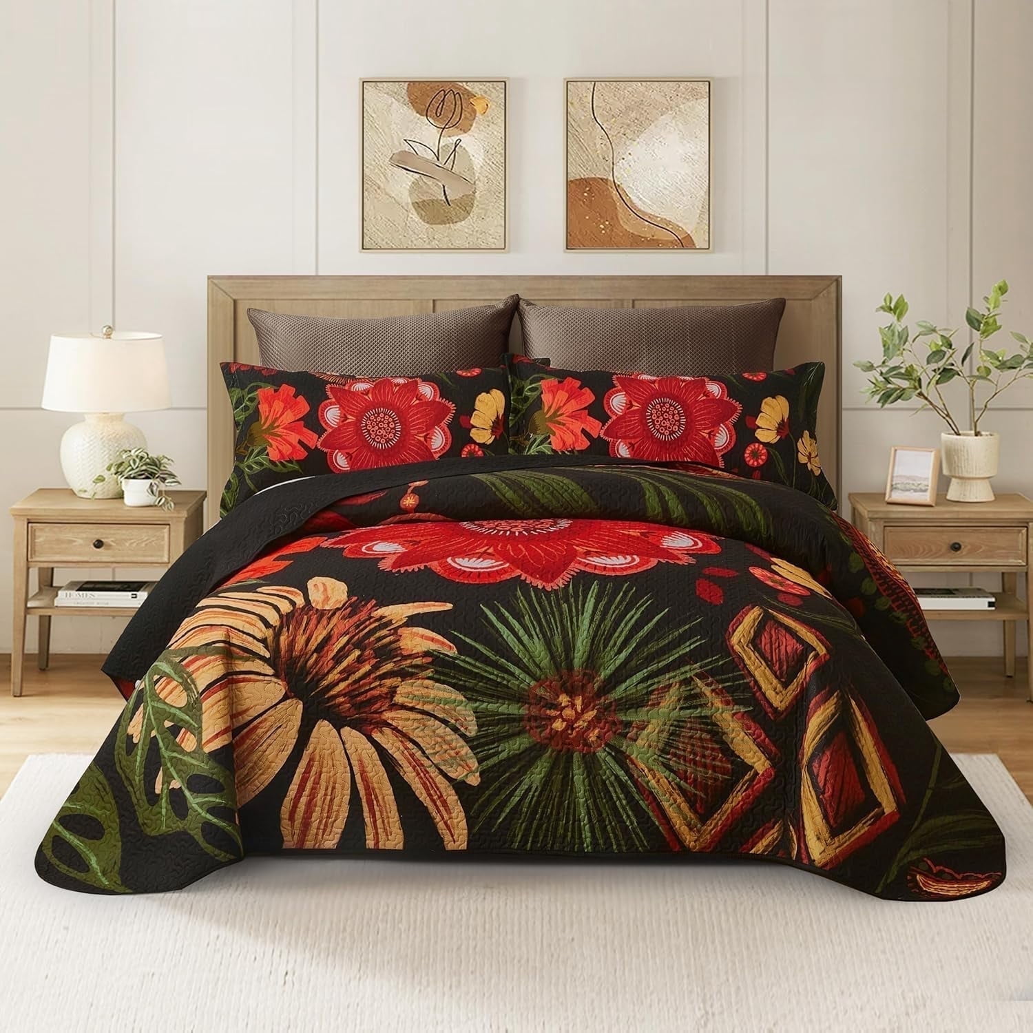 Tyrot 3 Piece Black Boho Floral King Size Quilt Sets Farmhouse Botanical Comforters Bedding King Quilt Sets  96"x106"
