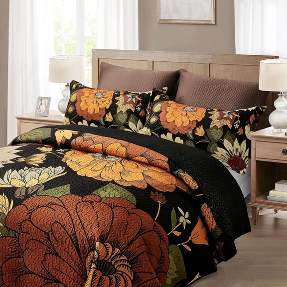 3 Piece Black Boho Floral King Size Quilt Sets Reversible Farmhouse Botanical Lightweight Bedspread Coverlet with 2 Shams Mid  Microfiber Bedding Quilts Set for All Season