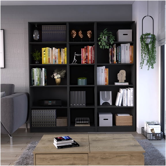 3 Piece Black Bookcase Set with 15 Shelves, Wide Storage Organizer for Living Room, Home Office