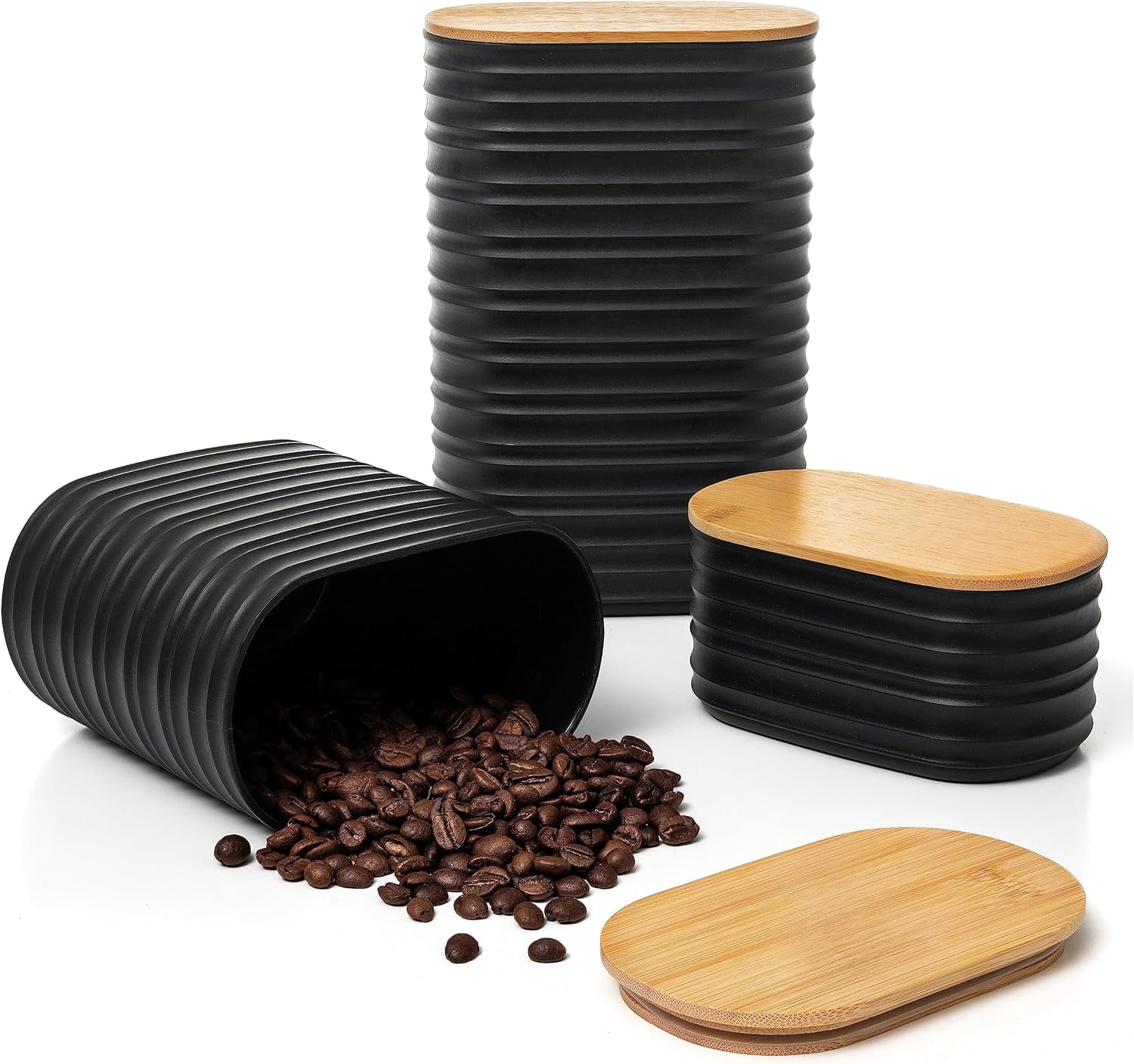 3 Piece Black Canisters Sets For The Kitchen, Airtight Plastic Canister With Bamboo Lid, Coffee And Sugar Canister Set, Decorative Sugar Container, Kitchen Decor For Counter