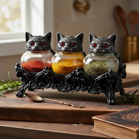 3-Piece Black Cat Spice Jar Set Gothic Glass Storage Jars with Red-Eyed Cat Lids & Resin Tray, 20x10x8cm Whimsical Kitchen Decor