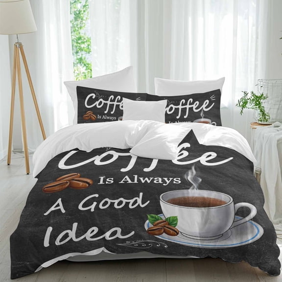 3 Piece Black Coffee Vintage Duvet Cover Set Twin Size, Microfiber Comforter/Quilt Cover with Corner Ties and 2 Pillowcases, Farmhouse Coffee Cup Bean All Season Soft Bedding with Zipper Closure
