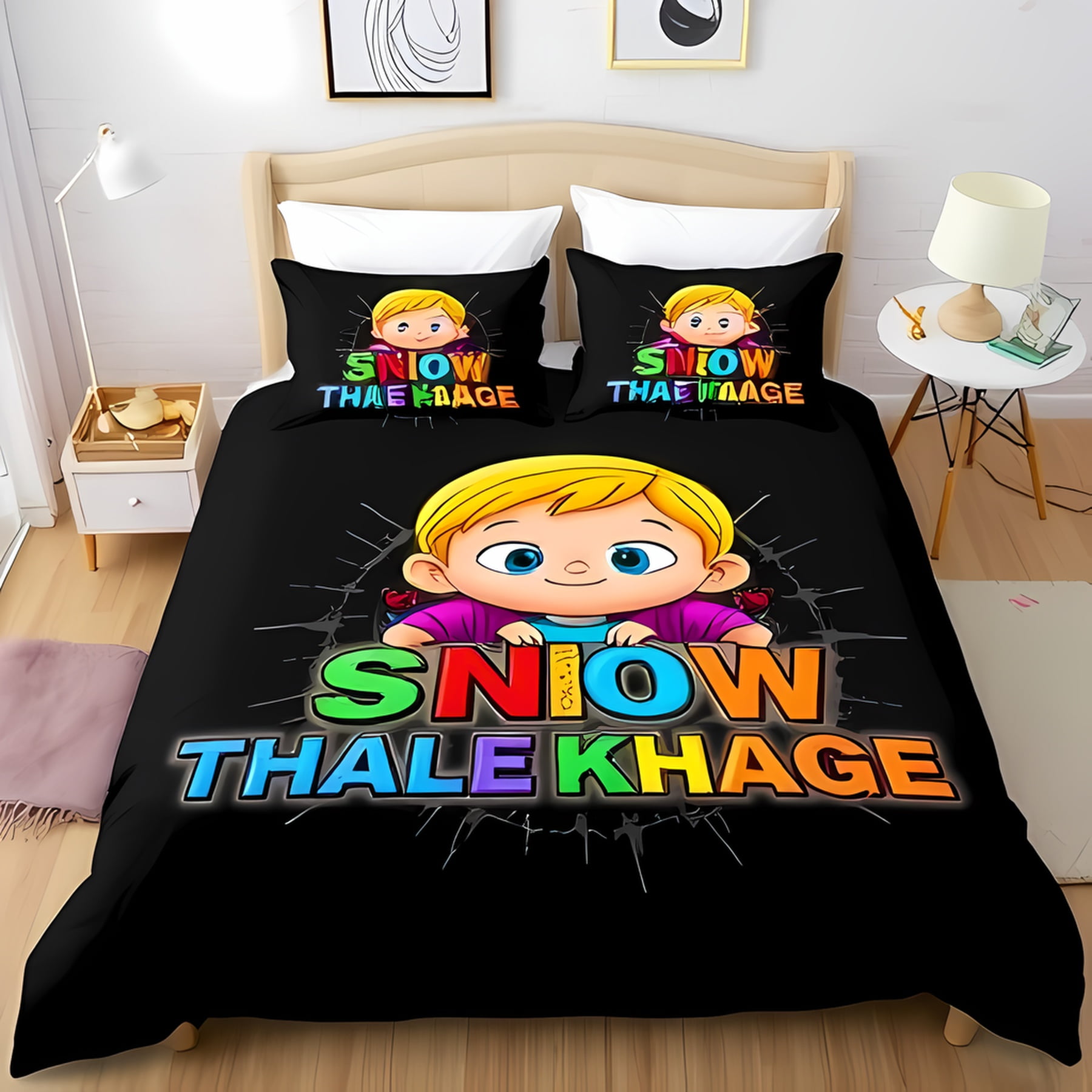3-Piece Black Comforter Set with Cartoon Design & Colorful 