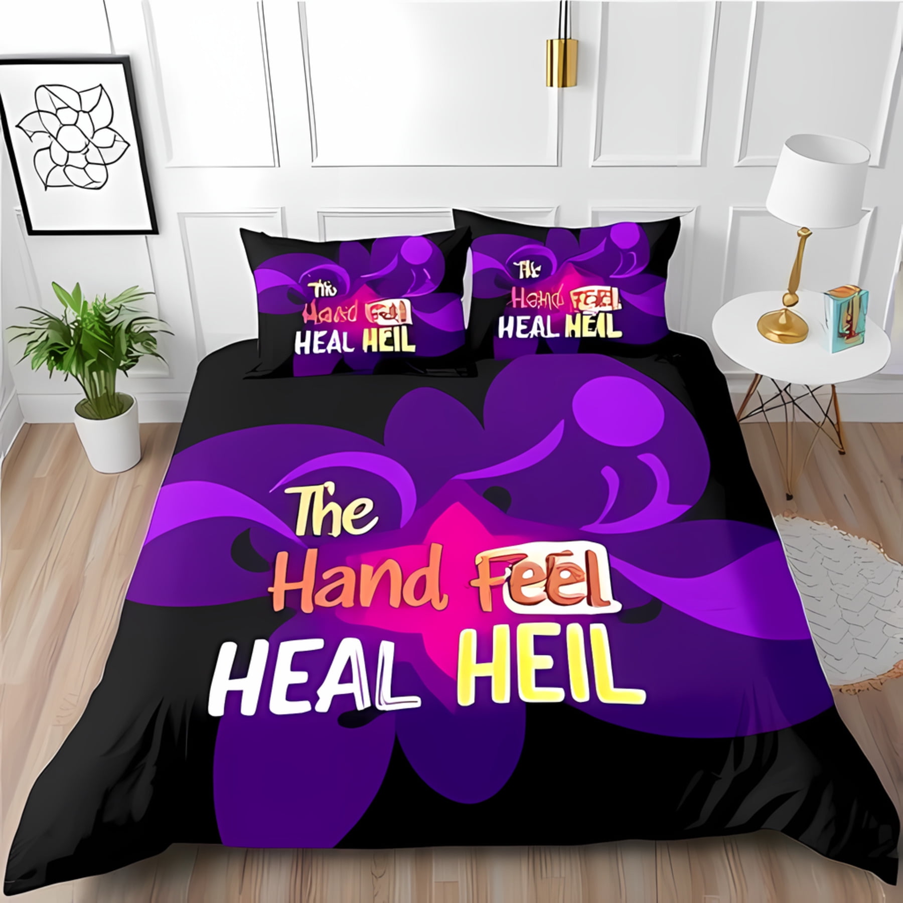 3-Piece Black Duvet Cover Set with Bold Purple Floral Design & 