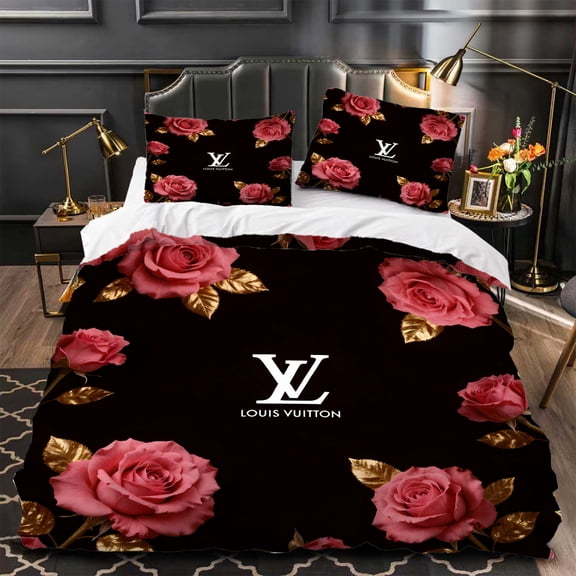 3-Piece Black Duvet Cover Set with Pink Roses & Gold Leaves Elegant Floral Design Modern Bedroom Decor Soft & Stylish