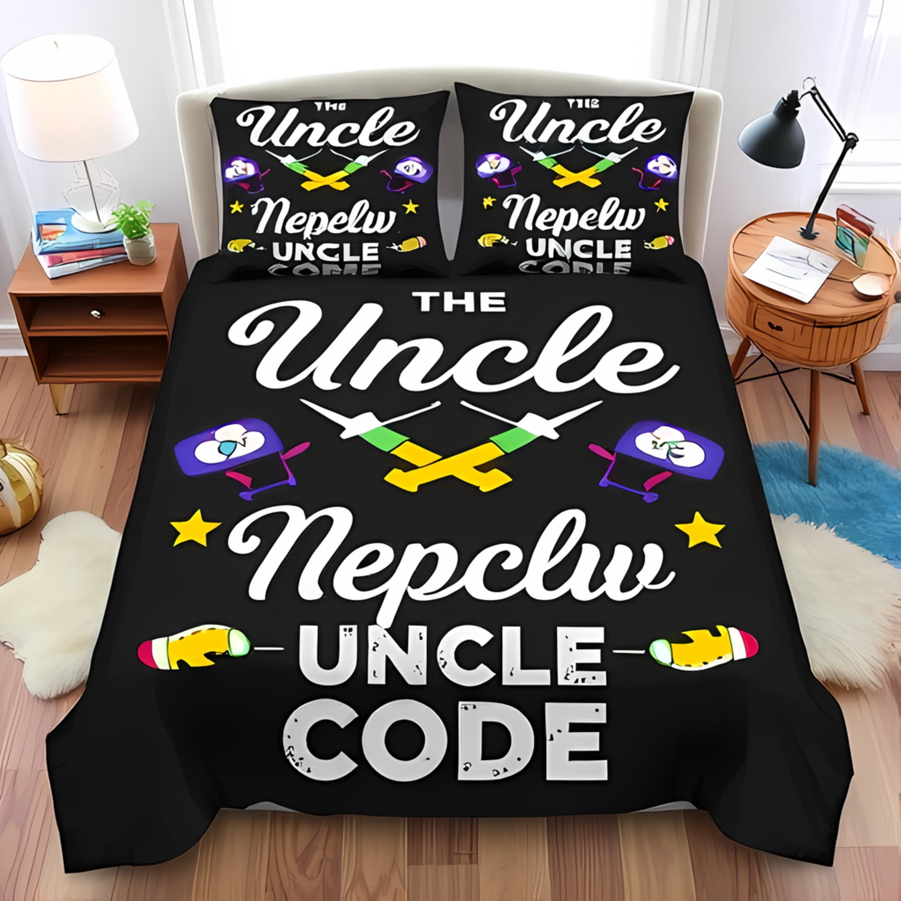 3-Piece Black Duvet Cover Set with Playful 'The Uncle Nepelw Uncle Code ...