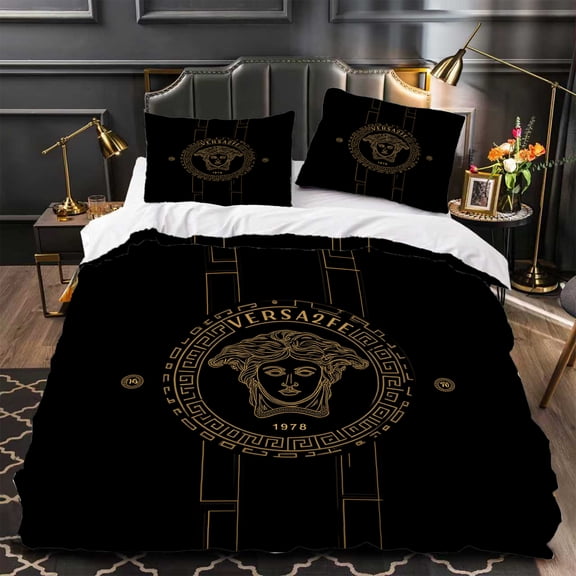 3-Piece Black & Gold Duvet Cover Set with Emblem 1978 Design Luxurious Modern Bedding for Stylish Bedrooms