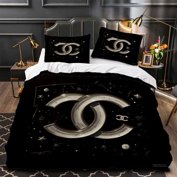 3-Piece Black & Gold Duvet Cover Set with Metallic Interlocking ' C ' Design Celestial Stars Modern Aesthetic Luxurious Bedding