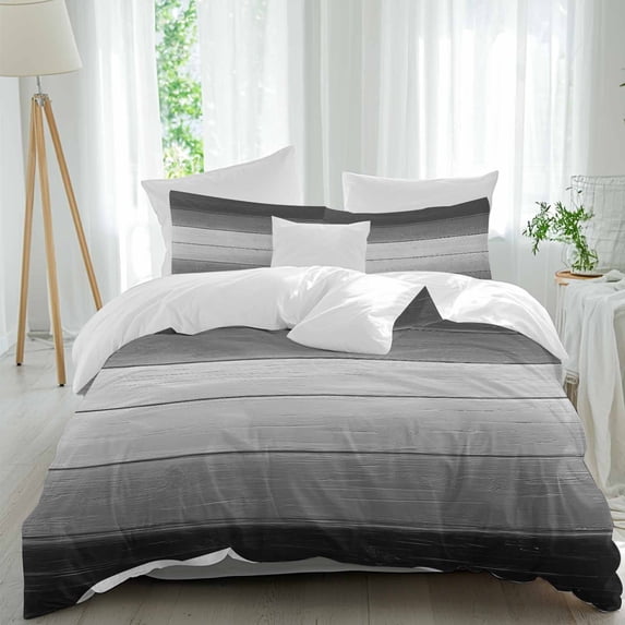 3 Piece Black Gray Duvet Cover Set Queen Size, Microfiber Comforter/Quilt Cover with Corner Ties and 2 Pillowcases, Farmhouse Vintage Gradient Wooden Plank All Season Soft Bedding with Zipper Closure