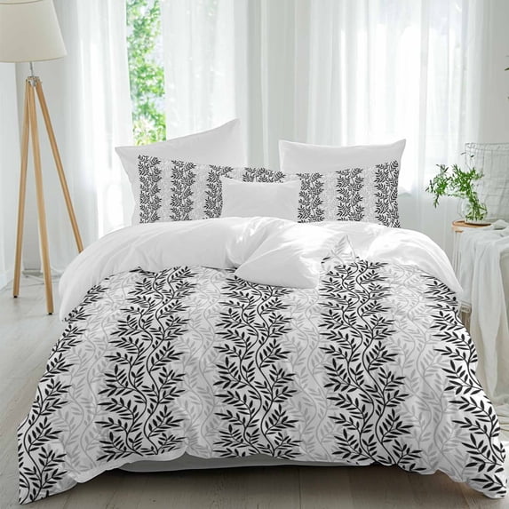 3 Piece Black Grey Botanical Duvet Cover Set Queen Size,Microfiber Comforter/Quilt Cover with Corner Ties and 2 Pillowcases,Pastoral Spring Summer Leaf Aesthetics Soft Bedding with Zipper Closure
