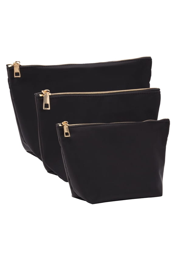 3 Piece Black Makeup Bag Set for Women, Nylon Zipper Cosmetic Pouch Organizers for Travel, Toiletries (3 Sizes) C21