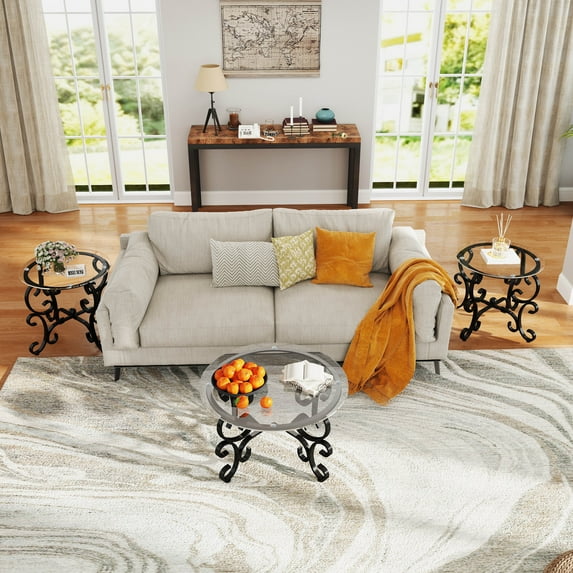 3-Piece Black Metal Frame Round Coffee Table Set with Tempered Glass Top Coffee Table 2 Side Table for Living Room