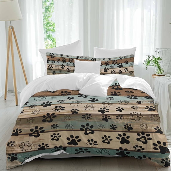 3 Piece Black Paw Print Duvet Cover Set Twin Size, Microfiber Comforter/Quilt Cover with Corner Ties and 2 Pillowcases, Farmhouse Vintage Shabby Wood Grain All Season Soft Bedding with Zipper Closure