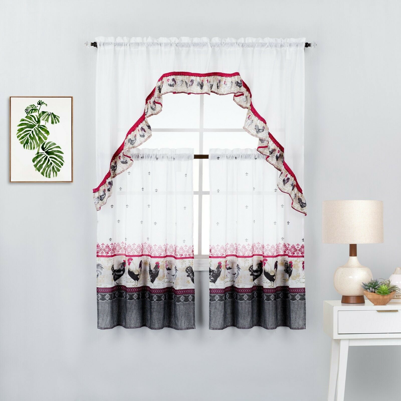 3 Piece Black Rooster Printed Kitchen Window Curtain Panel Tiers and