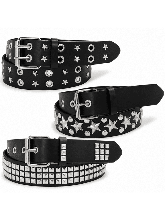3-Piece Black Studded Y2K Gothic Punk Star Belt Set - Grommet Threads & Bright Metal Pyramid Studs - Stylish Unisex Accessories for Women Men Adults