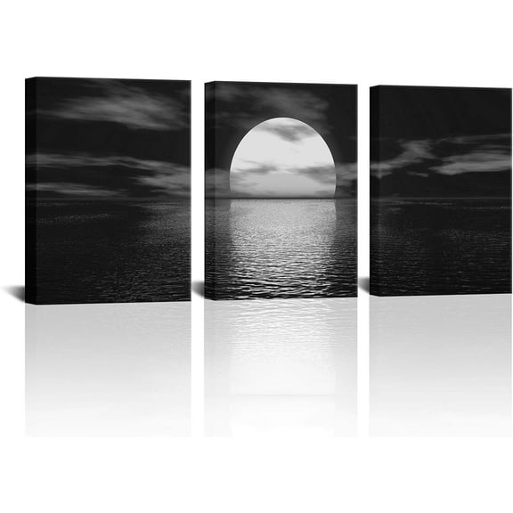 3 Piece Black and White Bathroom Canvas Wall Decor Ocean Under Moonlight Painting Print Full Moon Seascape Picture Artwork for Home Bedroom Living Room Wall Decor Easy to Hang 12"x16"x3 PCS