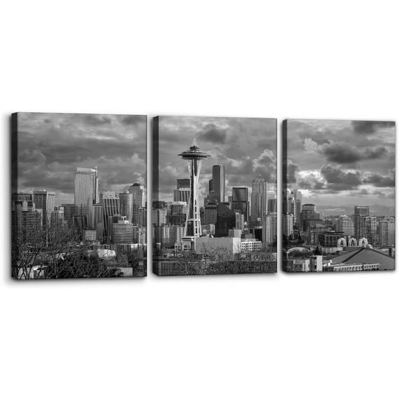- 3 Piece Black and White Canvas Wall Art - Seattle Washington Cityscape Skyline with Stormy Sky - Modern Artwork Home Art Decor Stretched and Framed Ready to Hang - 12" x 16" x 3 Panels