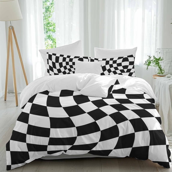 3 Piece Black and White Checkered Duvet Cover Set Twin Size,Microfiber Comforter/Quilt Cover with Corner Ties and 2 Pillowcases,Modern Irregular Geometric All Season Soft Bedding with Zipper Closure