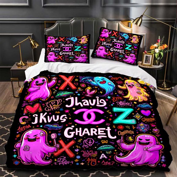 3-Piece Black & White Duvet Cover Set with Colorful Cartoon Ghosts - Fun & Whimsical Design Perfect for Modern Bedrooms