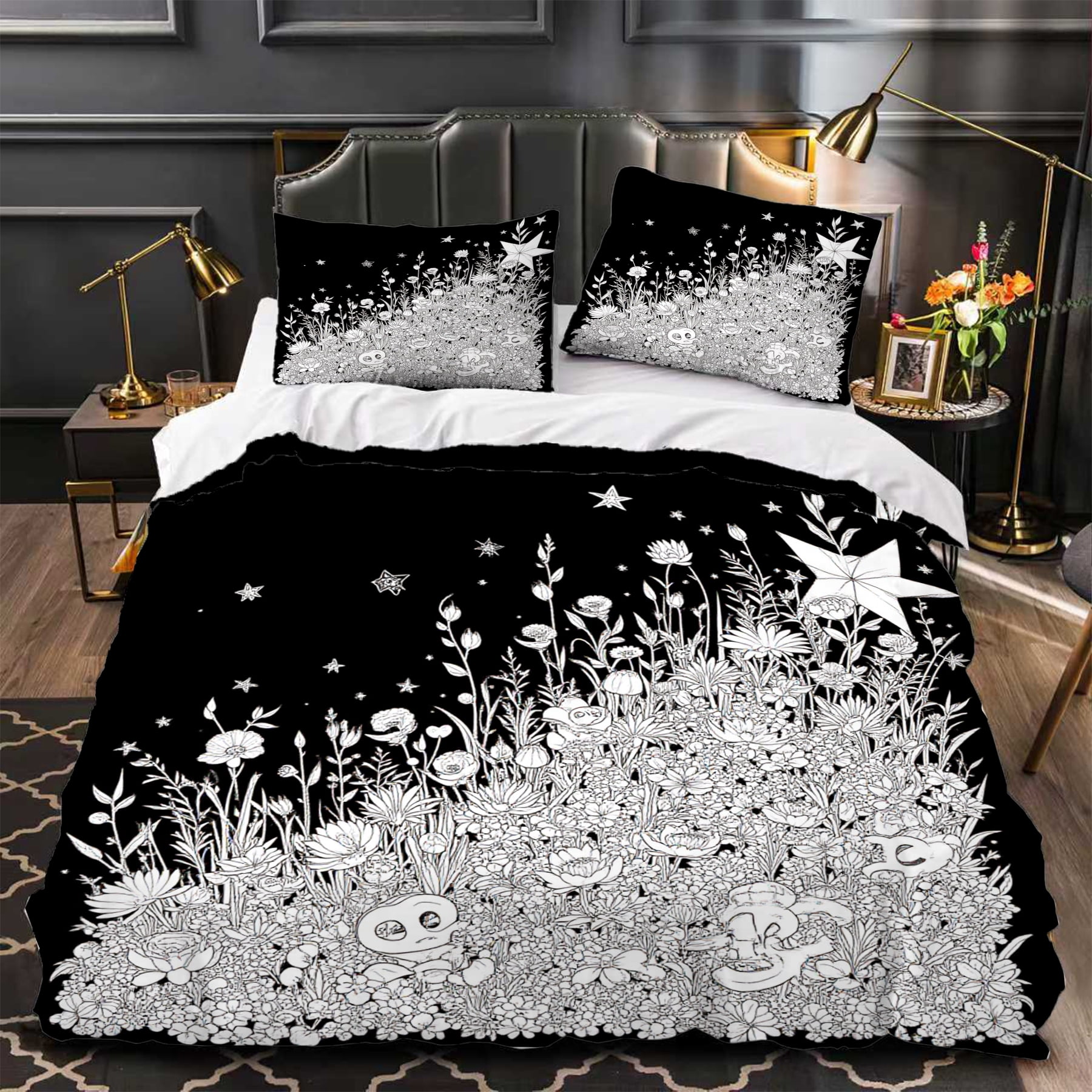 3-Piece Black & White Floral Duvet Cover Set - Intricate Nature ...