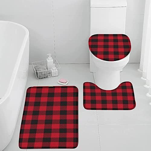 3 Piece Black and White Plaids Checked Bath Mat Set Plush Christmas New
