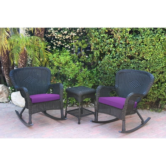 Jeco Windsor Black Wicker Rocker Chair And End Table Set With Purple Chair Cushion