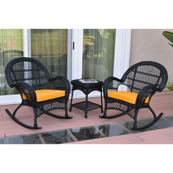 Jeco 3pc Santa Maria Black Rocker Wicker Chair Set - Mustard Cushions