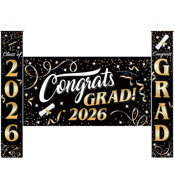 3-Piece Black and Gold Class of 2026 Graduation Porch Banner Set