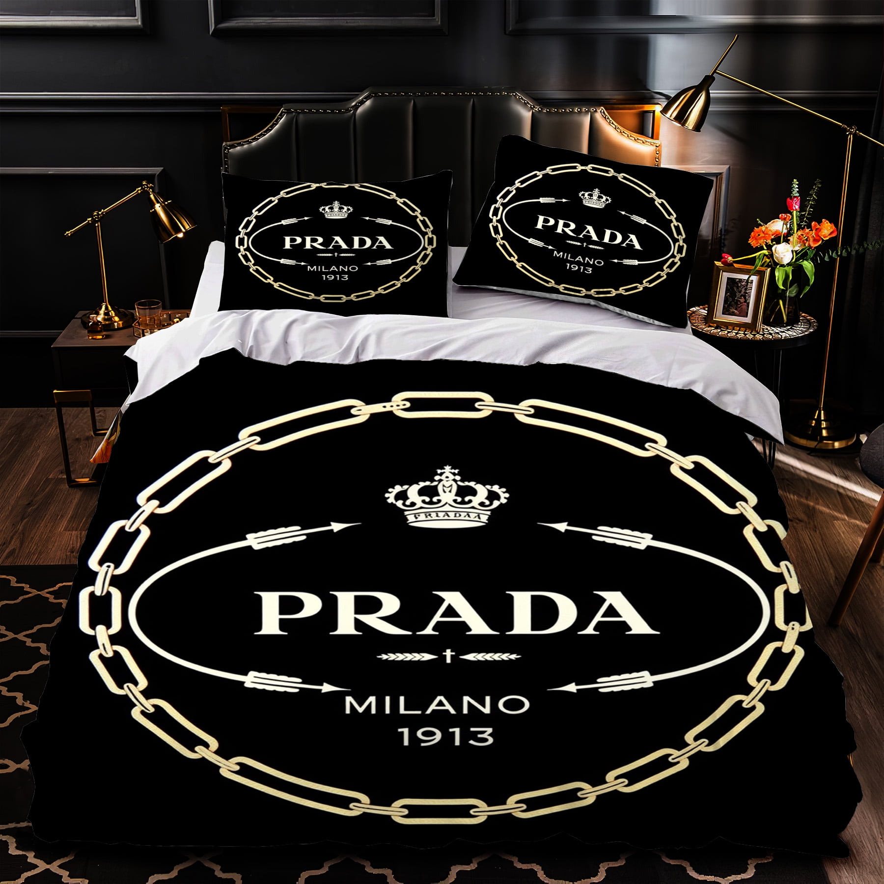 3Piece Black and Gold Duvet Cover Set with Chain Link and Crown Design