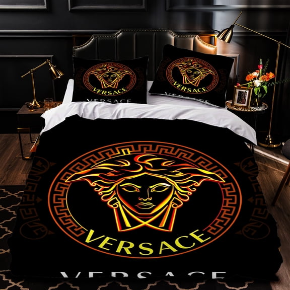 3-Piece Black and Gold Duvet Cover Set with Greek Key Pattern and Stylized Face Elegant Bedroom Decor