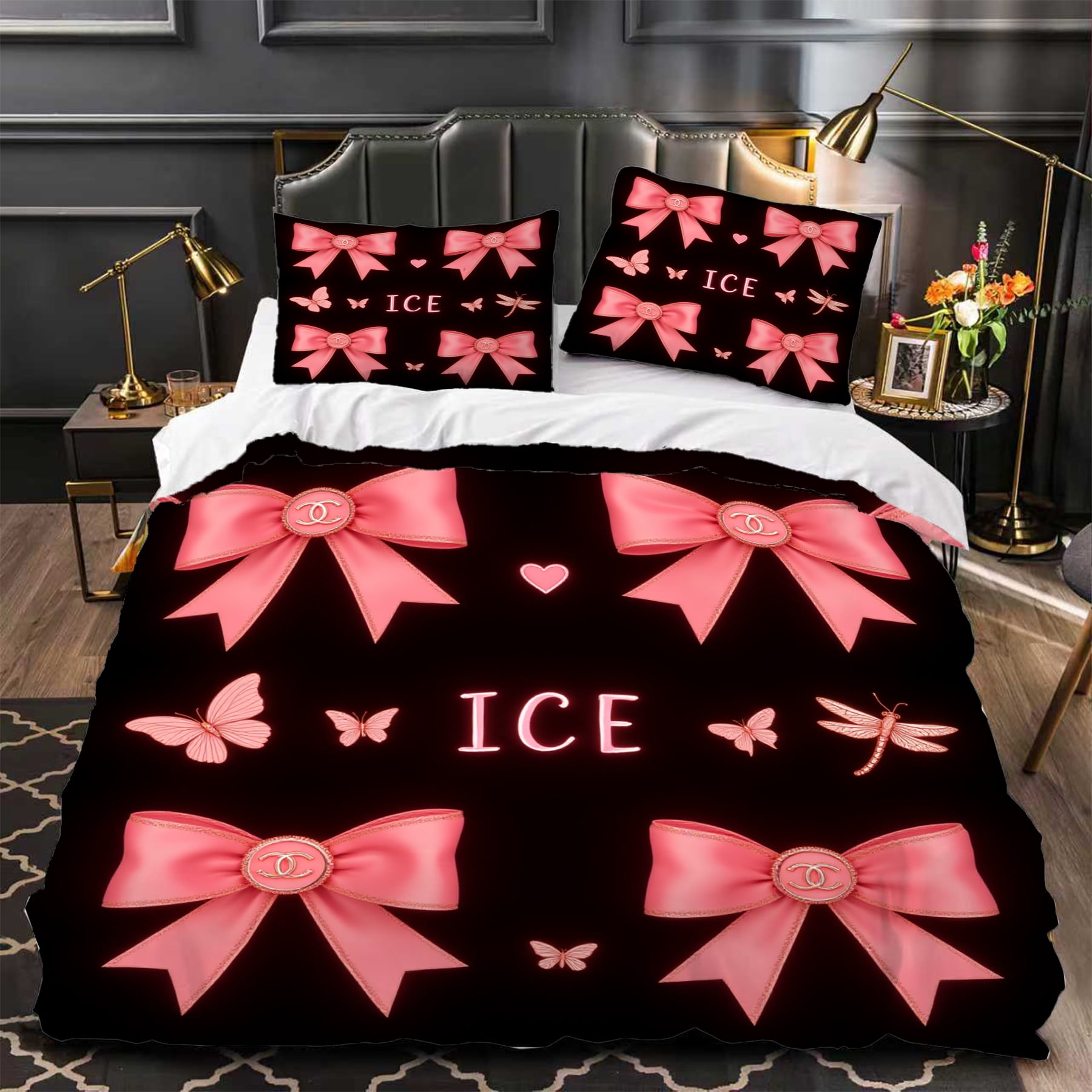 3-Piece Black and Pink Duvet Cover Set with Bows Butterflies and ' ICE ...
