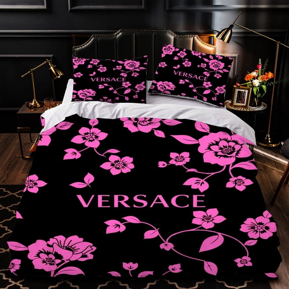 3-Piece Black and Pink Floral Duvet Cover Set - Elegant Modern Bedroom Decor