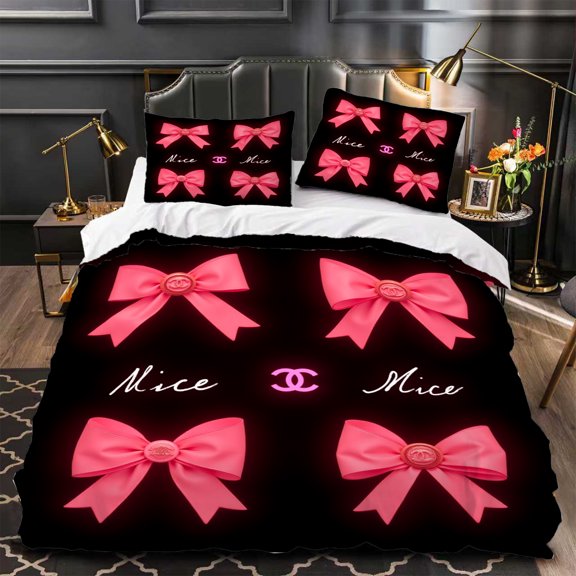 3-Piece Black and White Duvet Cover Set with Large Pink Bow Design and ' Nice ' Cursive Text - Modern Bedroom Decor