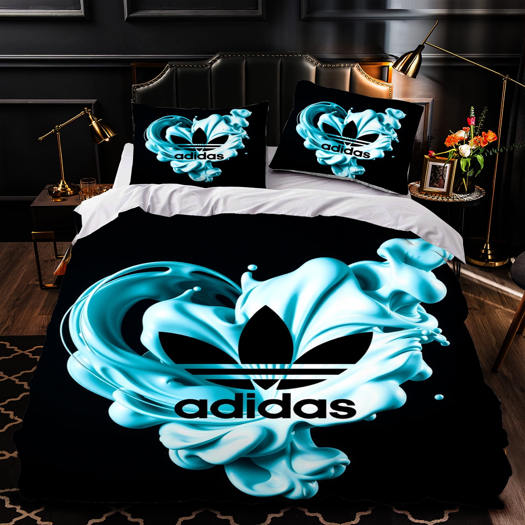 3Piece Black and White Duvet Cover Set with Vibrant Blue Heart Design