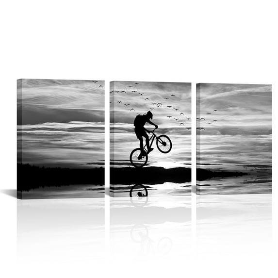 3 Piece Black and White Wall Decor Mountain Bike Wall Art Bike Art Prints Wall Decor Landscape Painting Framed Ready to Hang