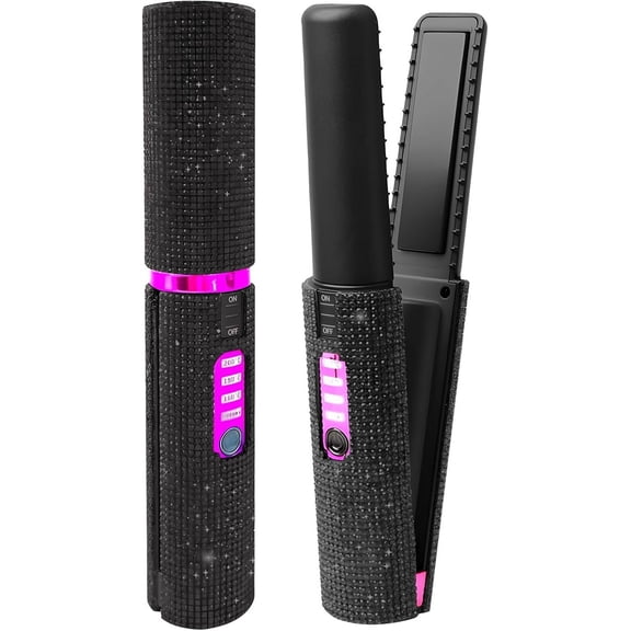 3-Piece Bling Cordless Hair Styler Set, Mini USB Rechargeable Rhinestone Flat Iron & 2 Curling Brushes for Travel and On-the-Go Styling