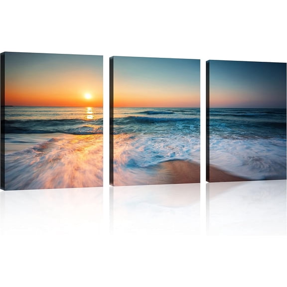 3-Piece Blue Beach Canvas Wall Art Set, Sunset Ocean Waves Seascape Prints, Framed & Ready to Hang Decor for Living Room Bedroom Bathroom