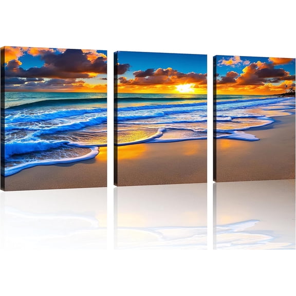 3-Piece Blue Beach Canvas Wall Art Set, Sunset Ocean Waves Seascape Prints, Framed & Ready to Hang Decor for Living Room Bedroom Bathroom